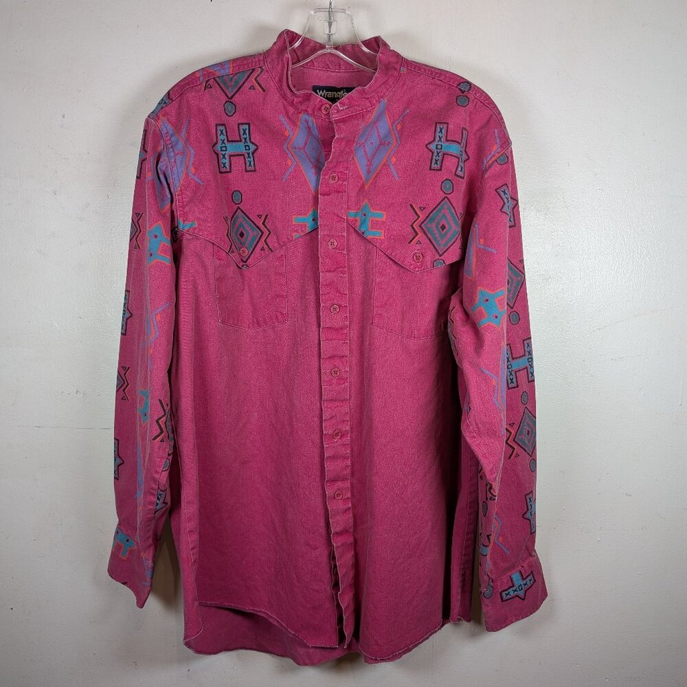 Vintage Wrangler Brushpopper Aztec Pink Shirt 16.5 34 Western Band Collar USA